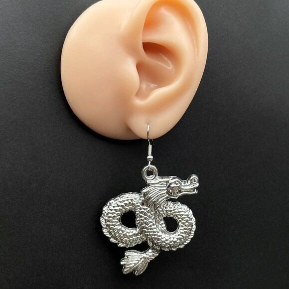 Silver Intricate Asian Inspired Mythical Dragon Dangling Drop Hook Earrings - Picture 8 of 9